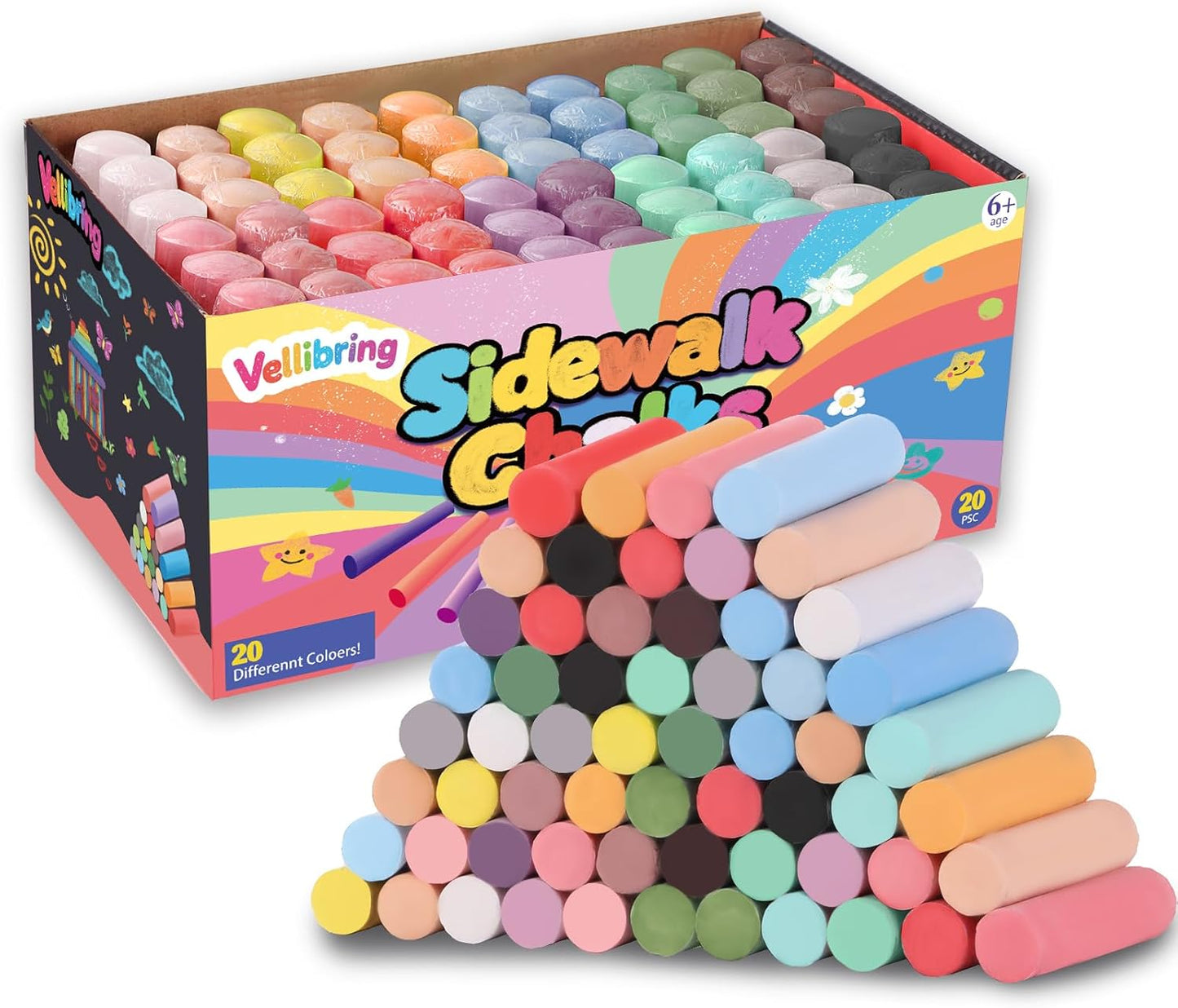 60 PCS Sidewalk Chalks Set Washable Colored Jumbo Chalk Bulk 20 Colors for Students Teens School Supplies Driveway and Playground Outdoor Games Activities