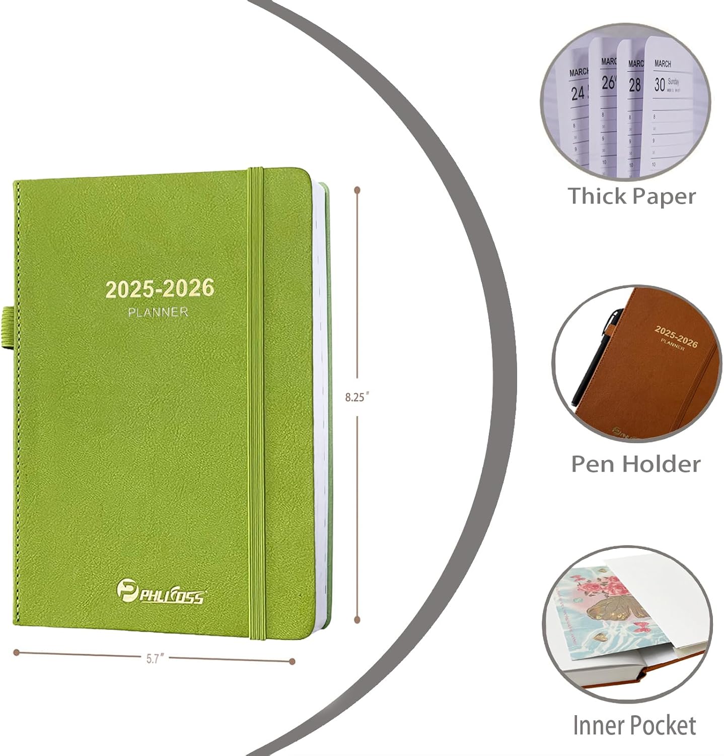 2025-2026 Daily Planner, One Page Per Day, Academic Calendar (July 2025 - June 2026), Appointment Book with Time Slots and Monthly Tabs, 5.7" x 8.25", Pocket, Leather Cove (Chartreuse)