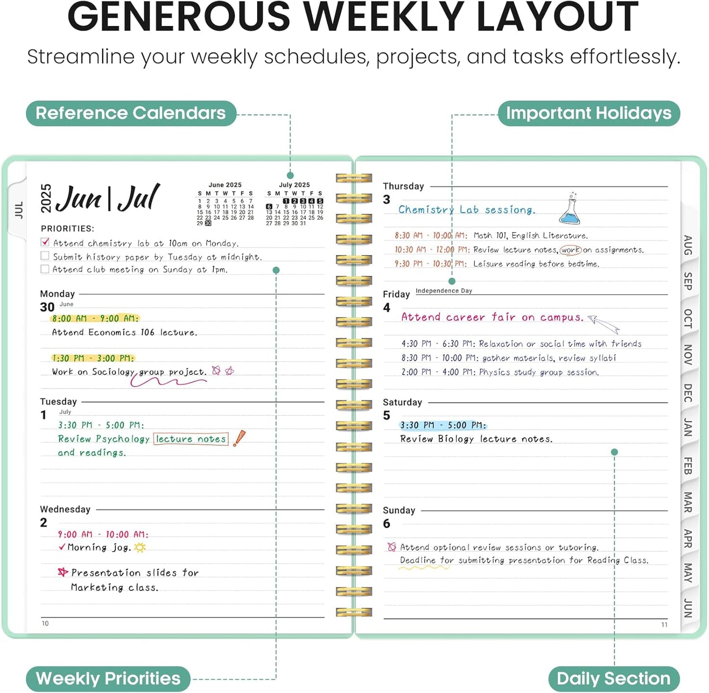 Planner 2025-2026, Academic Year Weekly and Monthly Calendar Planner, July 2025 - June 2026, Spiral Bound School Planning Tool, Perfect for Teacher, Student, Woman & Men - A5 (6.3" x 8.5"), Seafoam