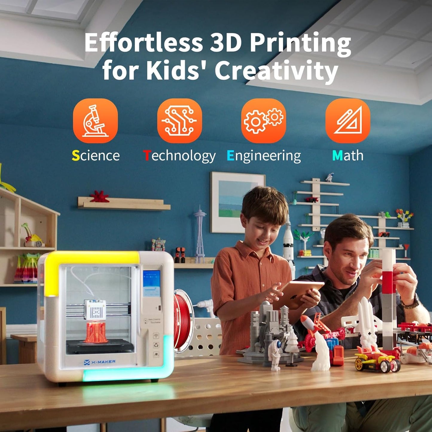 X-Maker 3D Printer for Kids and Beginners, Fully Assembled High-Speed 3D Printer with 8 PLA Filament Set, Leveling-Free Bed, Wi-Fi Printing, Resume Printing, Silent, High Precision, with App