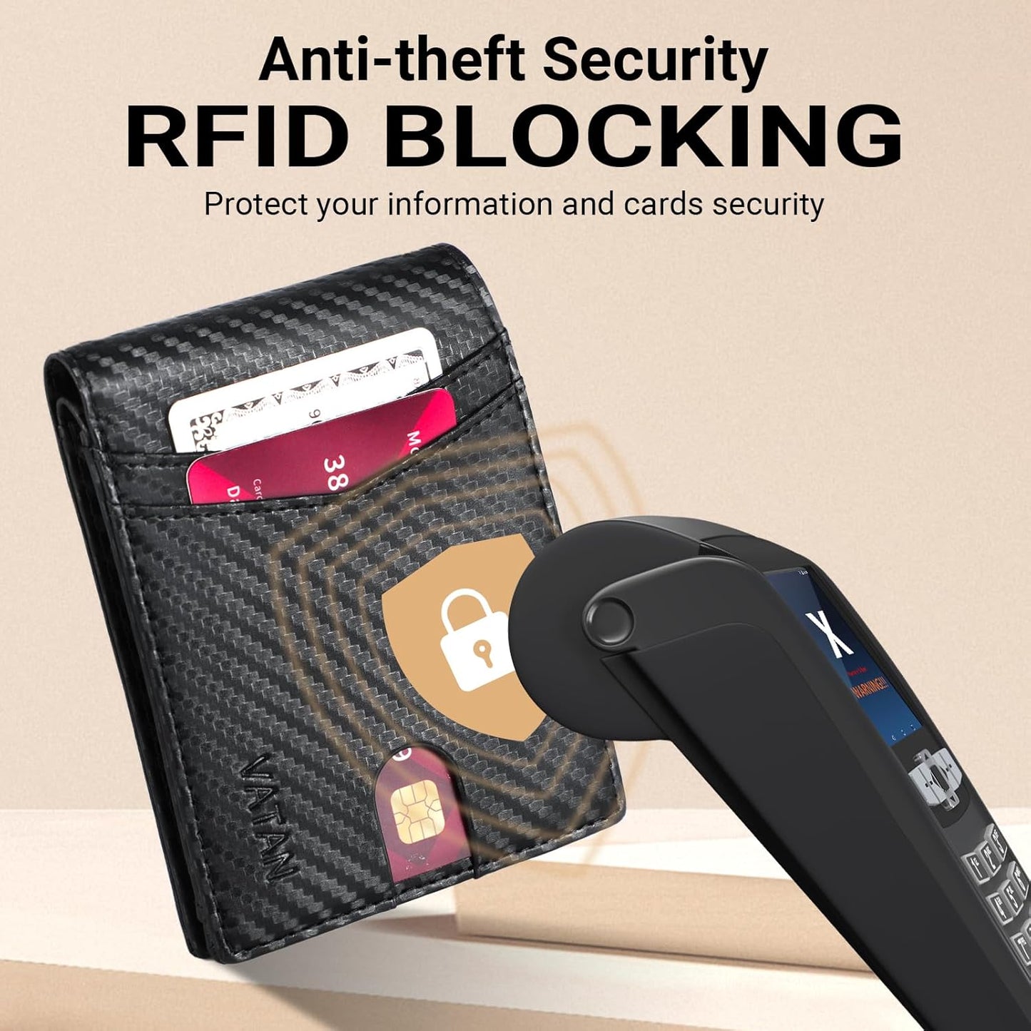 VATAN Wallet for Men, Mens Minimalist Wallet Credit Card Holder, Slim Leather Rfid 2 ID Window Large Capacity With Gift Box (Carbon Fiber Black)