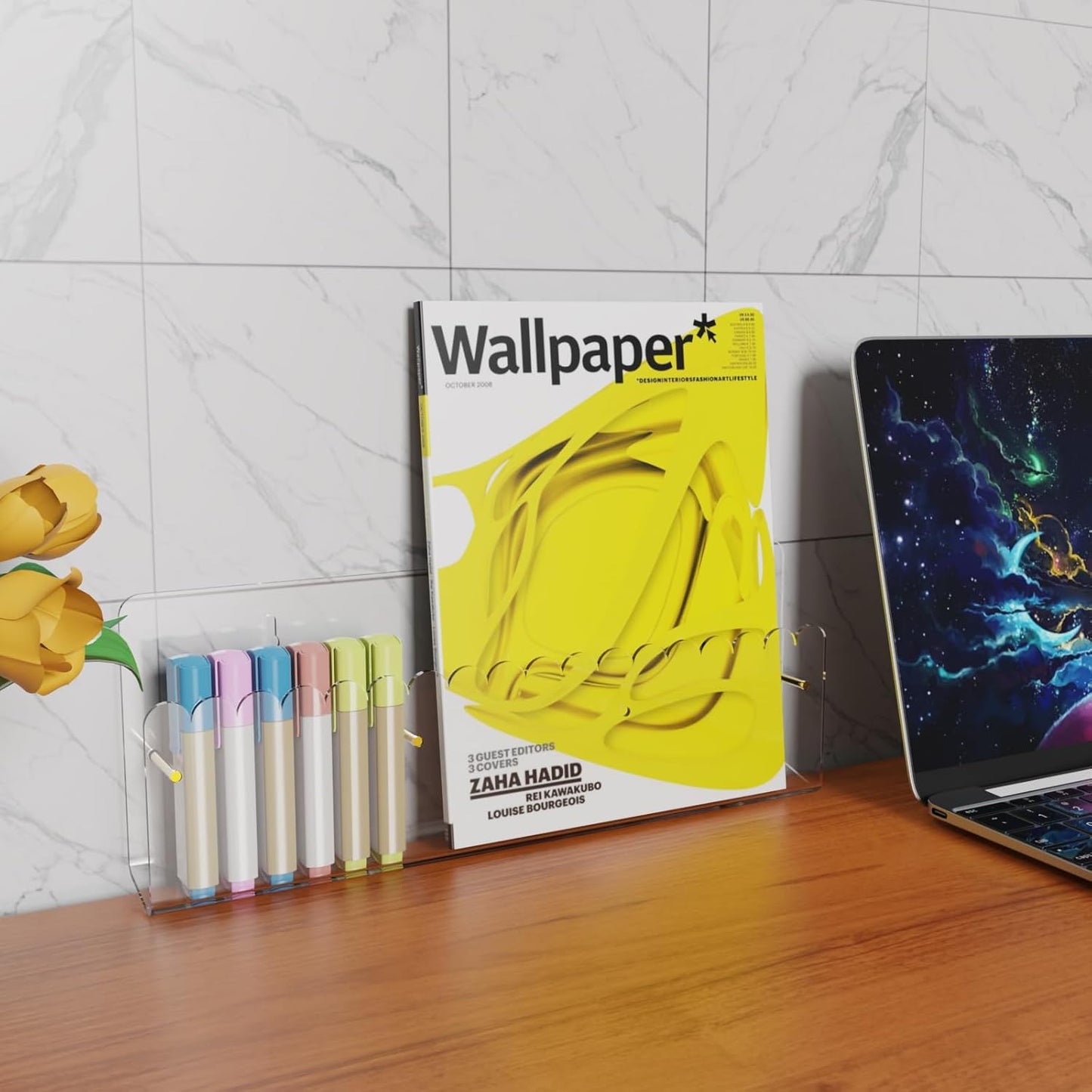 Brochure Holder Wall Mount, 2 Pack Acrylic Modular Flyer with Adjustable Magnetic Golden Bolt, Wavy Lace Pamphlet Display Stand for Organizer Trifold Flyer, Document, Leaflet, 3 Slots