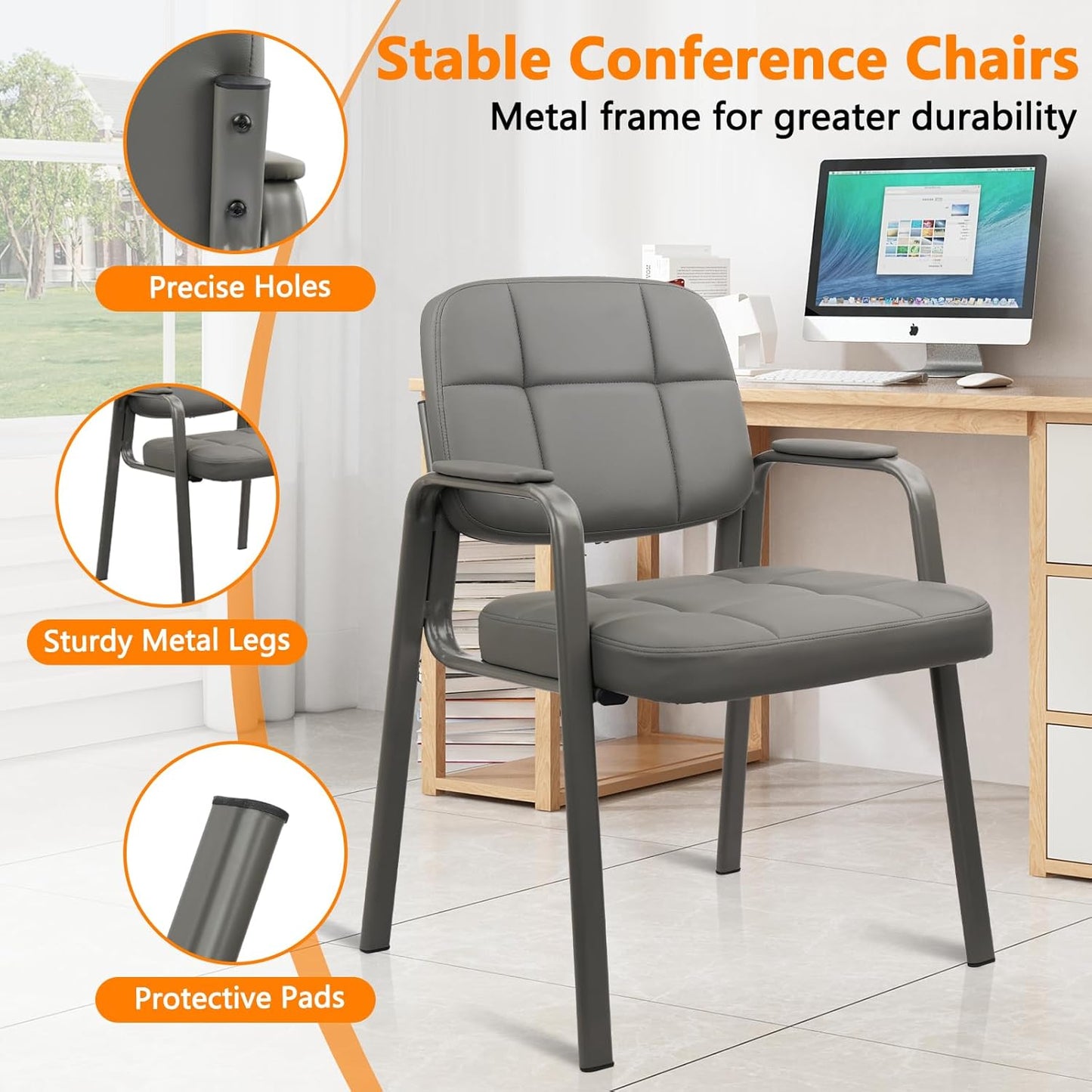 CLATINA Waiting Room Guest Chair with Bonded Leather Padded Arm Rest for Office Reception and Conference Desk (Grey 1 Pack)