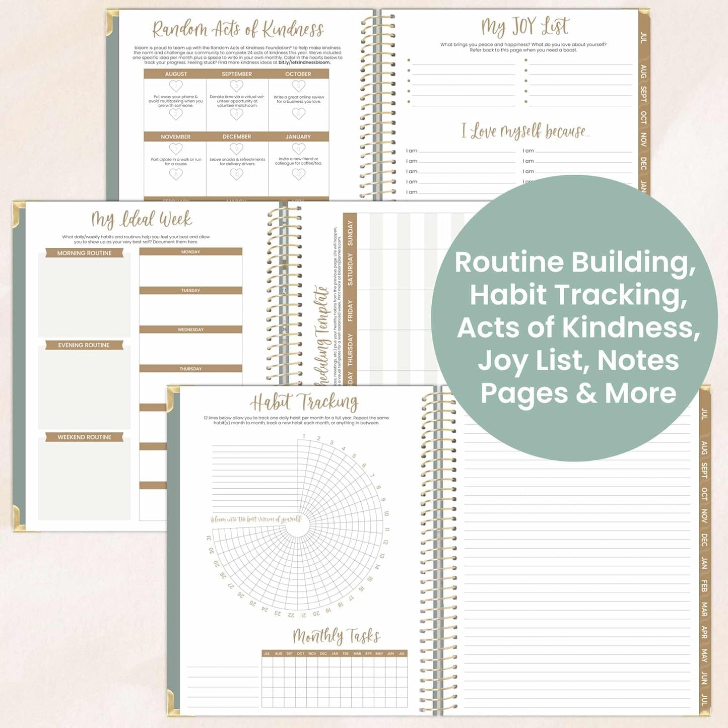 bloom daily planners HARDCOVER 2025-2026 (8.5" x 11") Academic Year Day Planner (July 2025 - July 2026) - Aesthetic Task Goal Organizer - Monthly & Weekly Inspirational Agenda Book - Green Linen