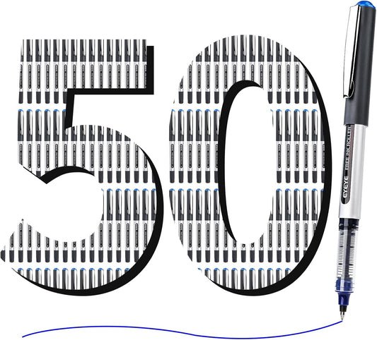 EYEYE 0.5mm Rollerball Pens Blue, 50 Pack Extra Fine Point Liquid Ink Roller Ball Pen Quick Dry, Blue Ink Pens Fine Point Smooth Writing Pen for Journaling, Note Taking, Office, School Supplies
