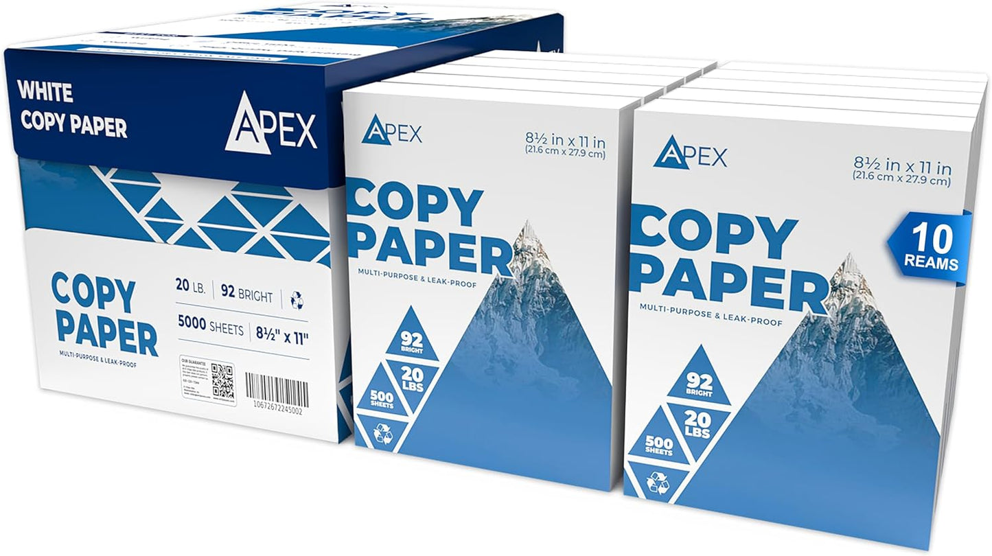 Copy Paper, Printer Paper, 20lb Multipurpose, Printer Paper 8.5 x 11 White, 92 Bright, White Paper, Office Supplies, 500 Sheets Per Ream (10 Reams Case 5000 Sheets)