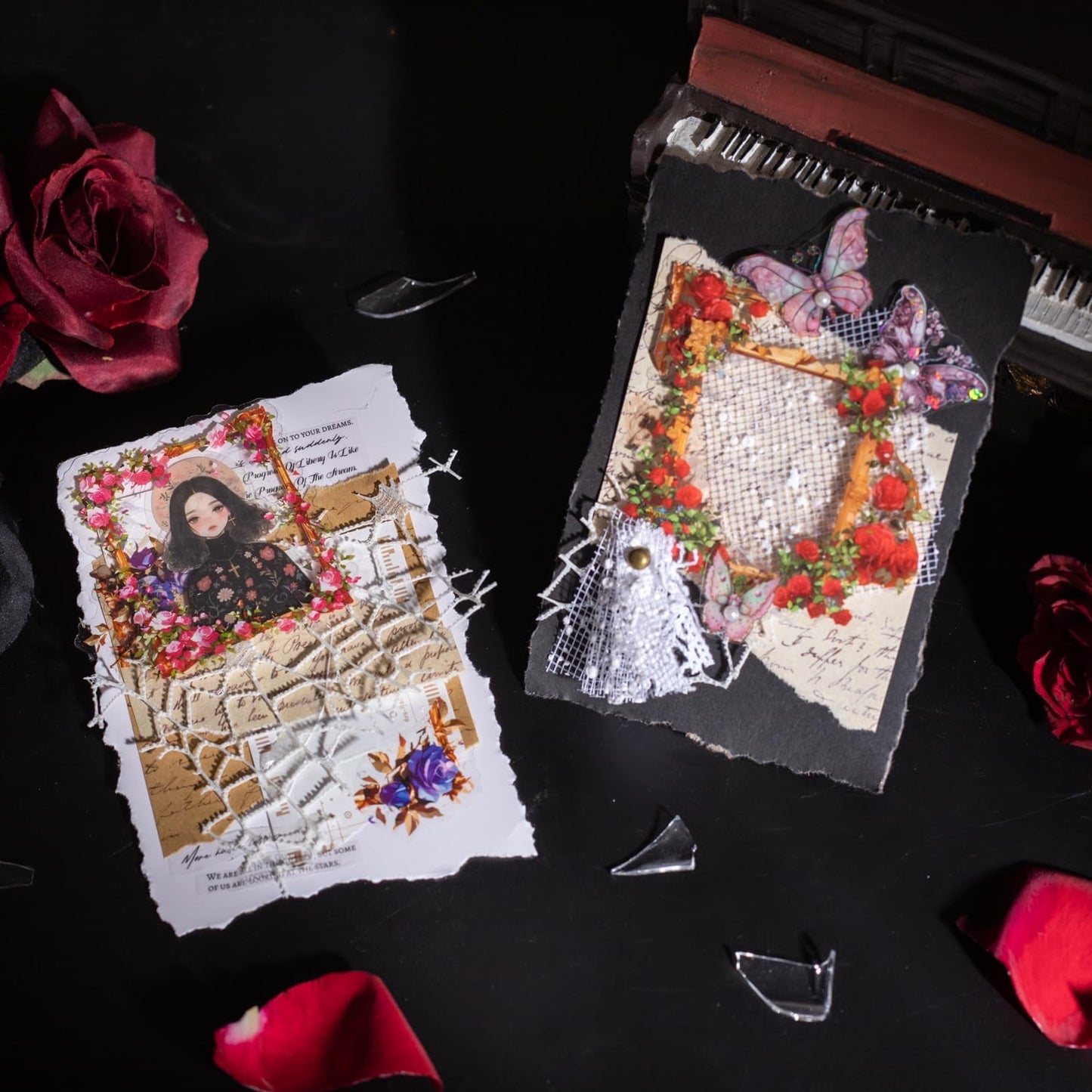Broken Mirror Frame Stickers Set, 40PCS Gothic Rose PET Scrapbook Supplies for Journaling, DIY Crafts, and Planners