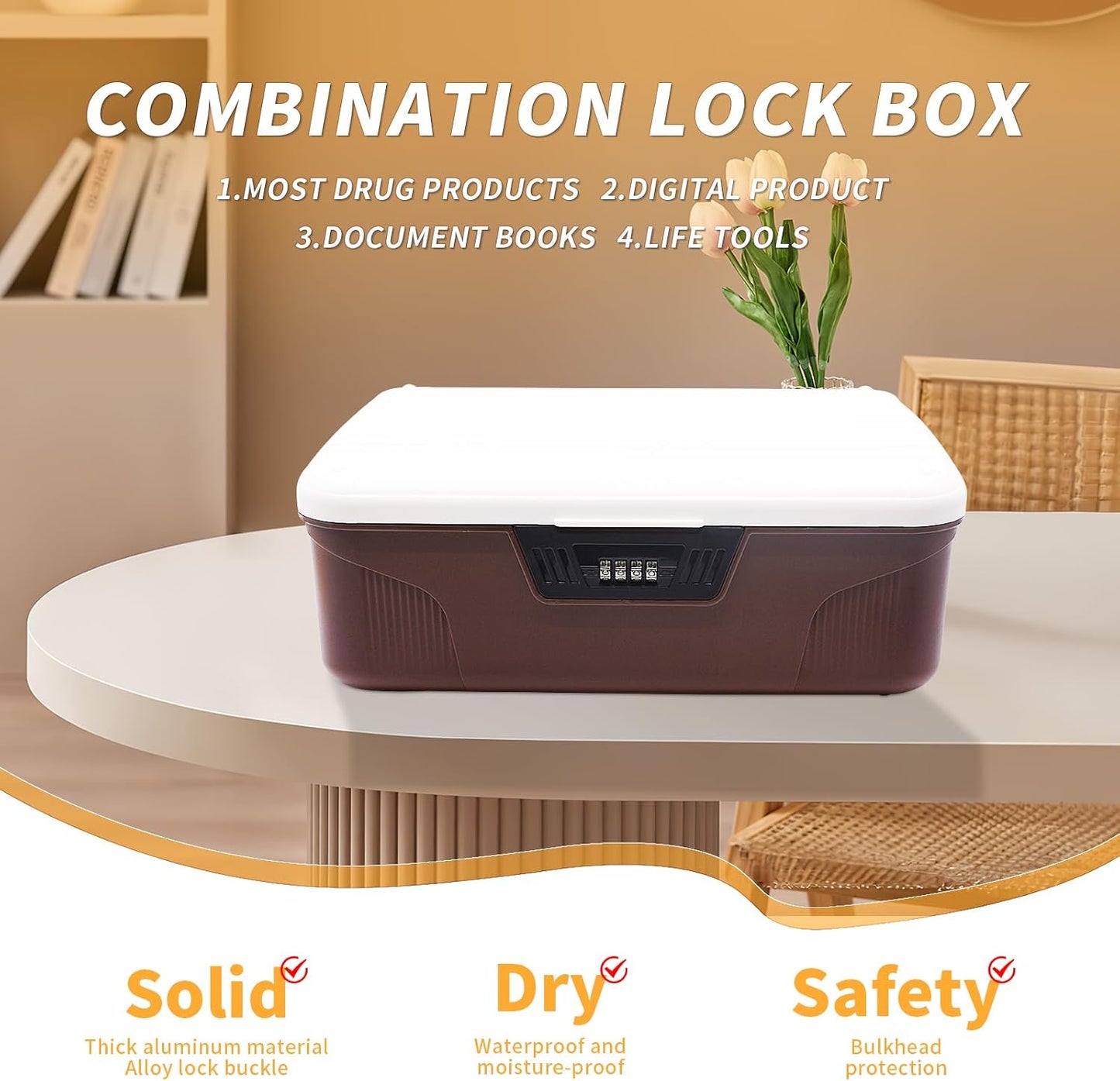 Lockable Storage Bin - 4.2 Gallon Locking Container with 4-Digit Combination Lock, Stackable Plastic Organizer Box for Usable As Item Organizer Or Office File Storage/Camping(Brown)