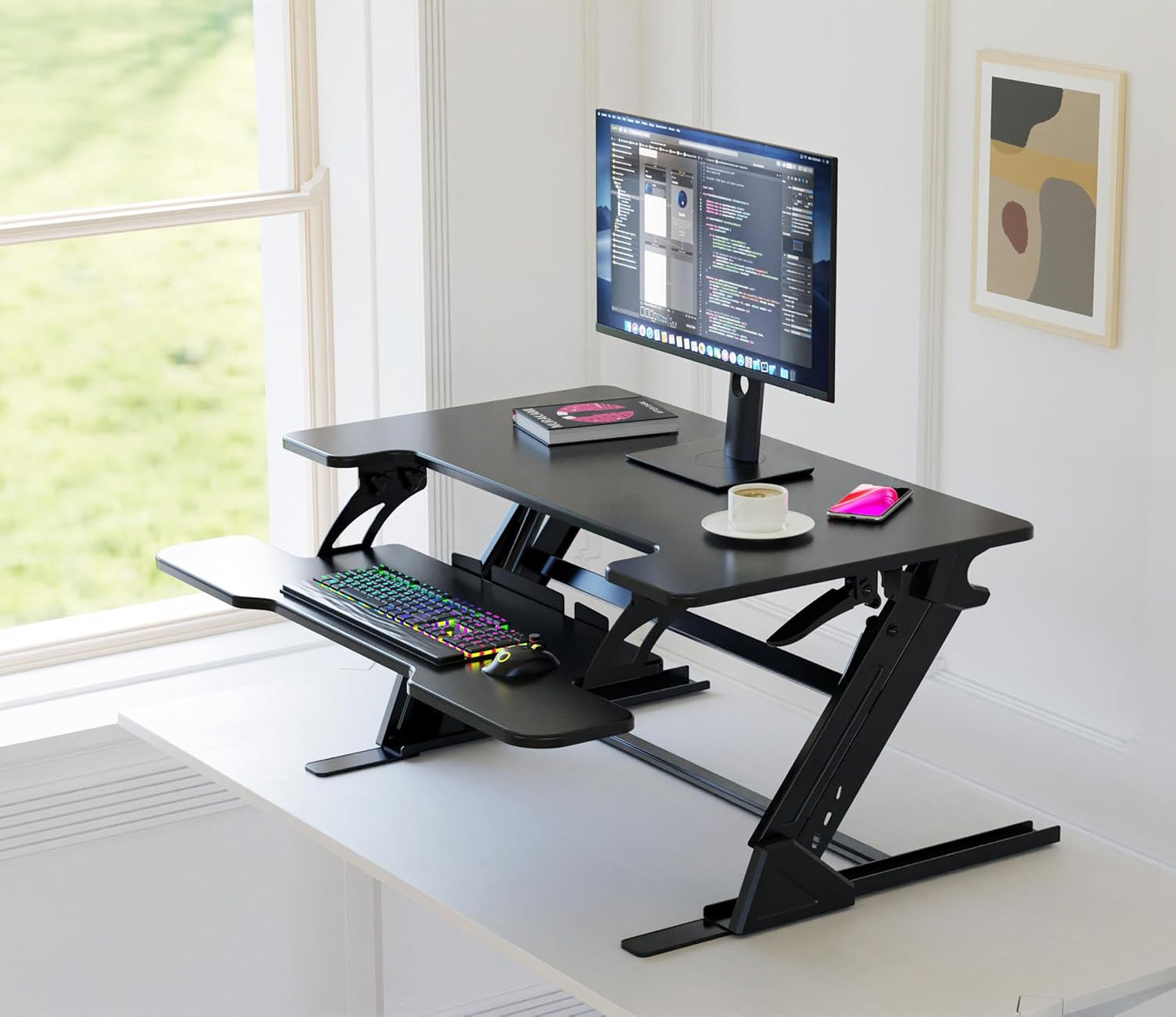 Standing Desk Converter 36 x 24 Inches - Height Adjustable Sit to Stand Riser with Keyboard Tray, Ergonomic Workstation for Home Office, Black