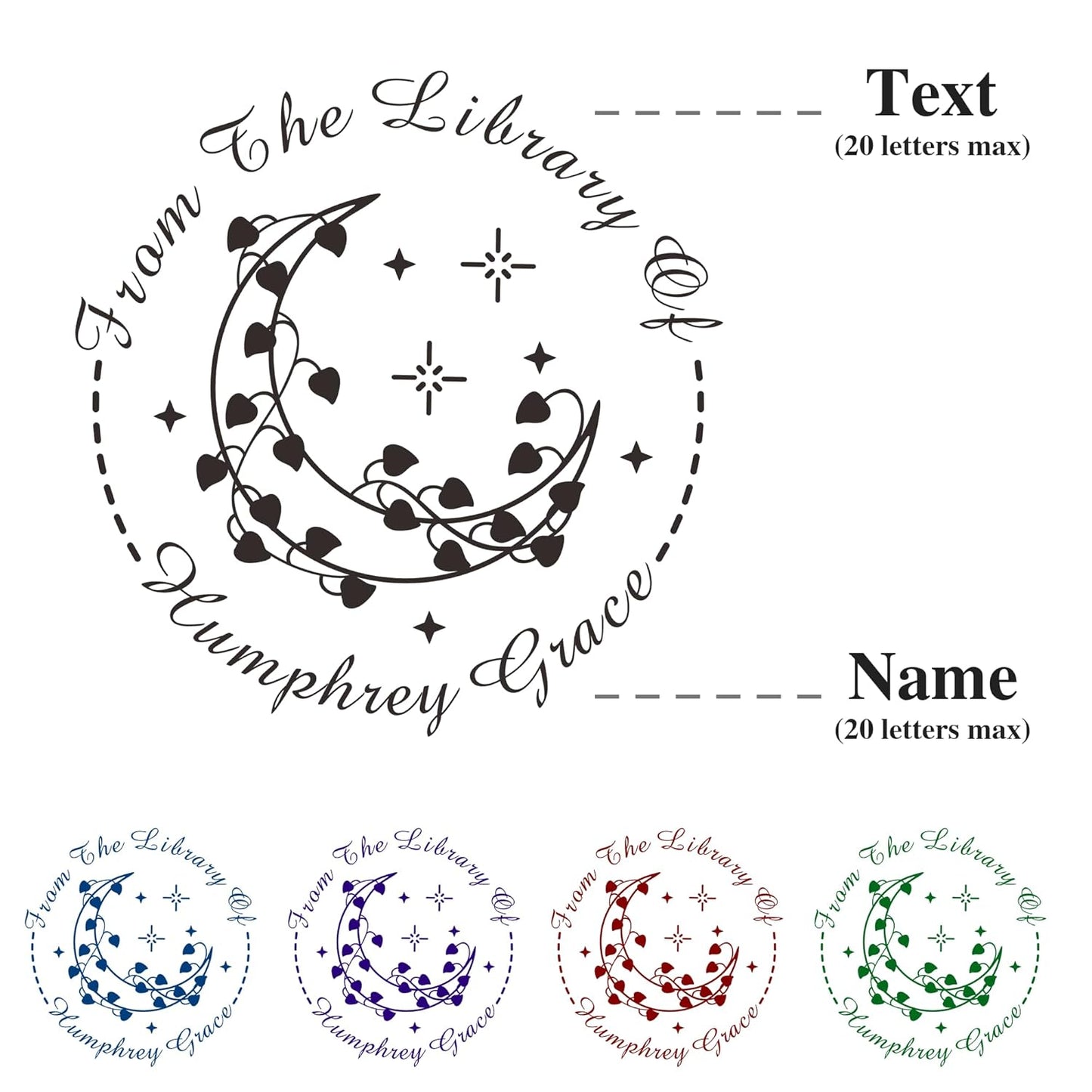 Customized Book Embosser Color Heart Moon Star Stamp with Your Name or Design Personalized Library Embosser Stamp Custom Books Business Cards Paper Documents Notebooks etc.. (Moon-02)