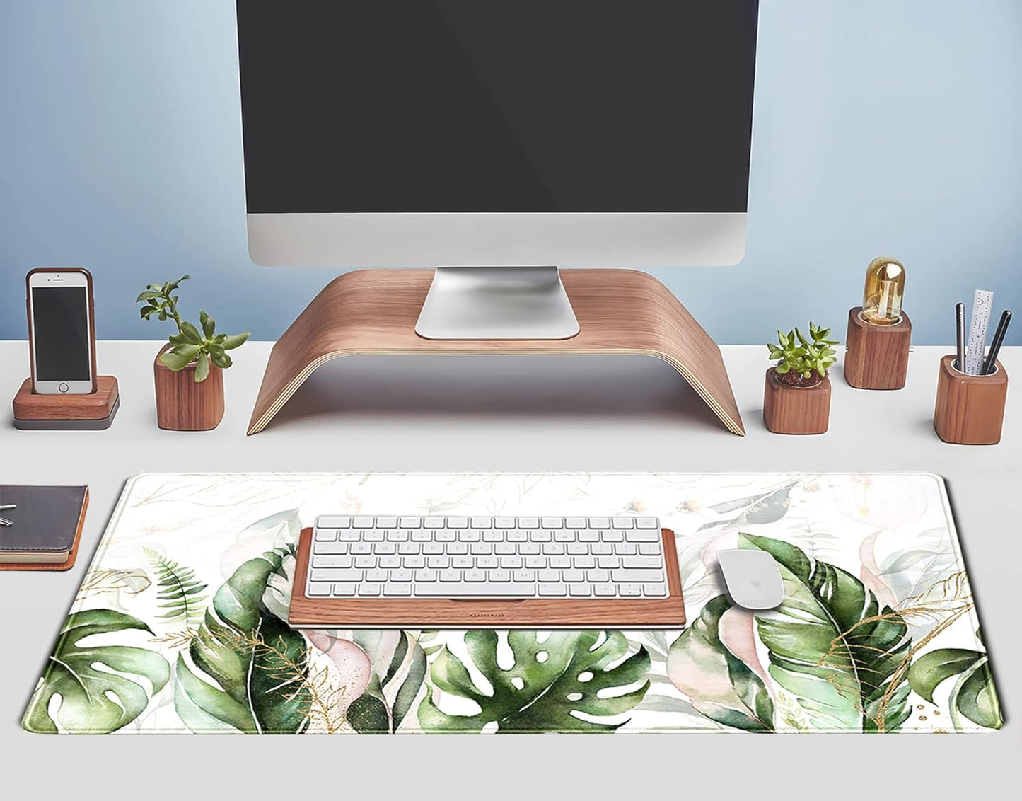 Green Tropical Leaves Desk Mat XL Large Gaming Mouse Pad Green Sage Plant Laptop Keyboard Mouse Mat Office Supplies Desk Decor Accessories for Women, Desk Mats Pads on top of Desks, 31.5x11.8 in