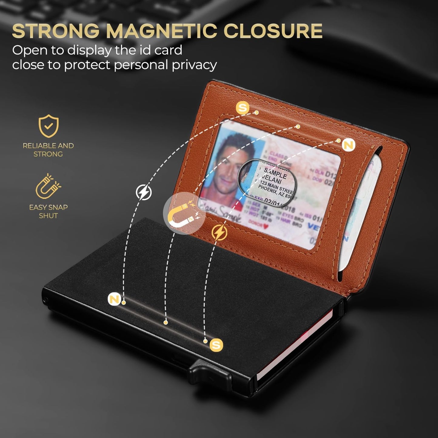 Slim Card Wallet for Men with ID Window – Minimalist RFID Wallet, Pop-Up Function, Ultra Thin Design, Metal Business Card Case Holds 8+ Cards, Gifts for Men, Men's Accessories