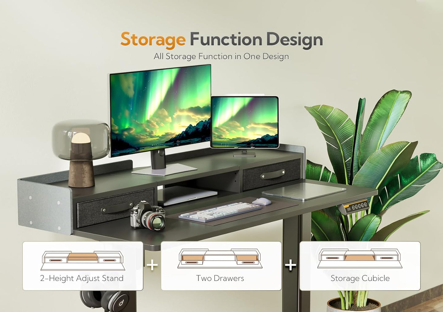 Claiks Standing Desk with Drawers, Stand Up Electric Standing Desk Adjustable Height with Storage Shelf and Splice Board, 55 Inch, Black