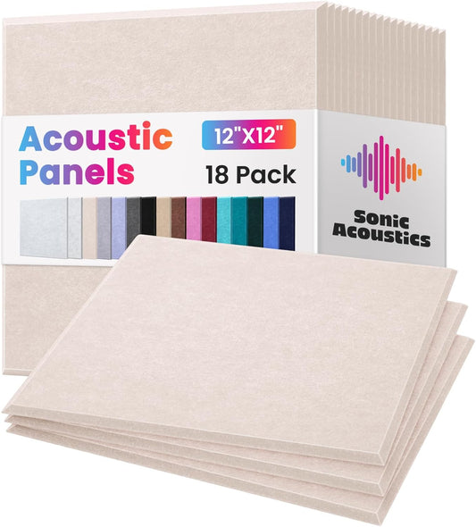 18 Pack Acoustic Panels Self Adhesive Sound absorbing Wall Panels, High Density Dampening Panel, 12X12X0.4 Inch Square Wall Panels in Home,Office,Reccording Room,Studio (Light Camel)