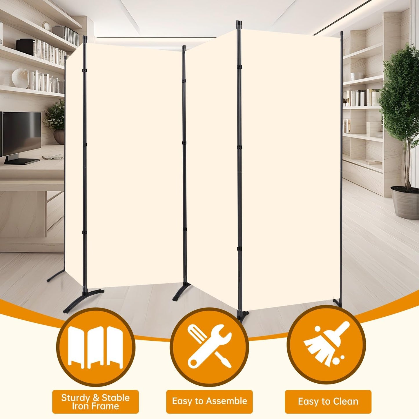 4 Panel Folding Privacy Screens, 6 FT Tall Wall Divider with Metal Frame, Freestanding Room Divider for Office Bedroom Study (4 Panel, Beige)