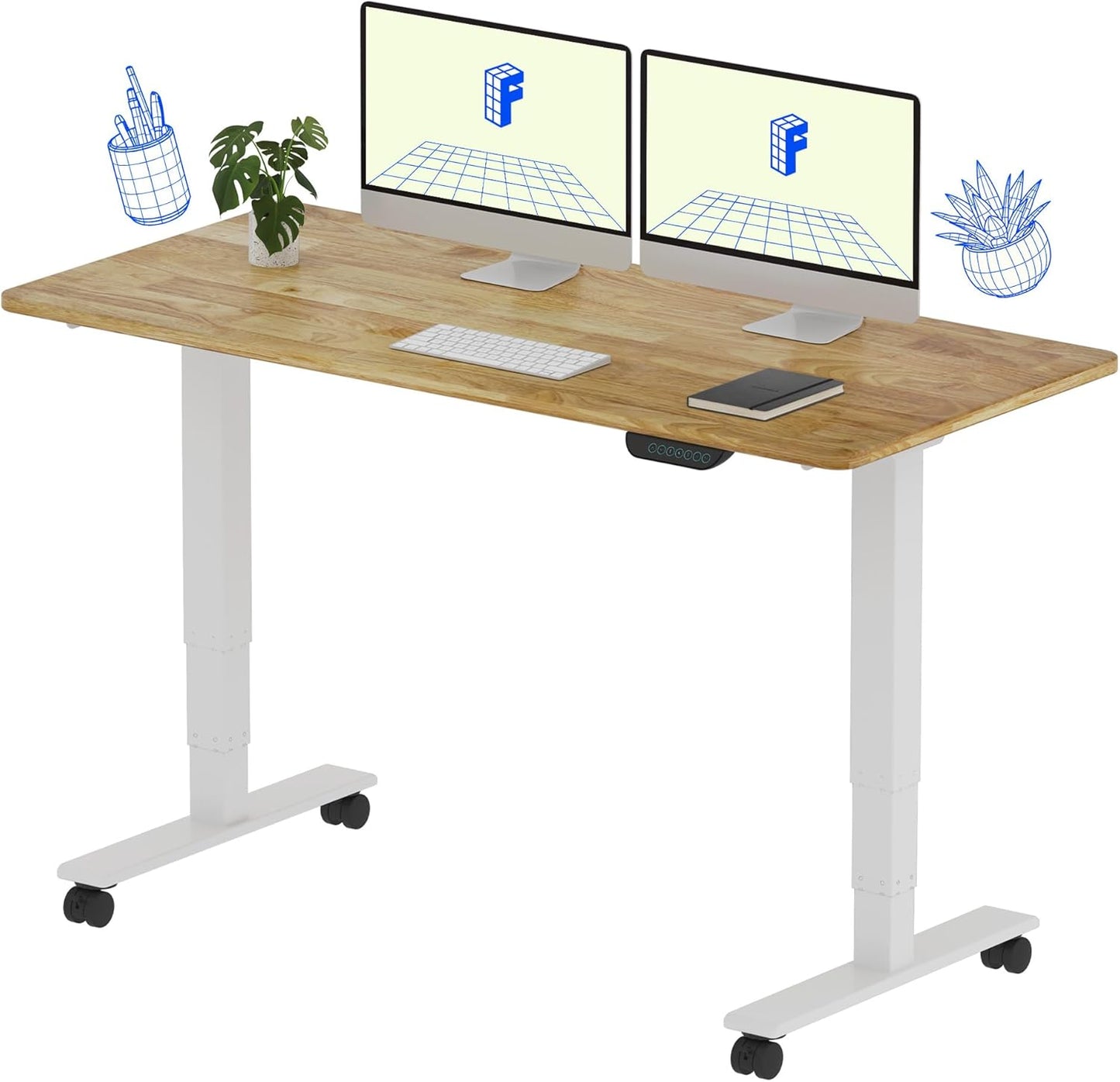FLEXISPOT E6 MAX Rubber Wood Dual Motor 3 Stages Standing Desk 55x24 Inch Whole-Piece Board Electric Height Adjustable Stand Up Desk 150KG Load Capacity(White Frame + Rubber Wood Desktop)
