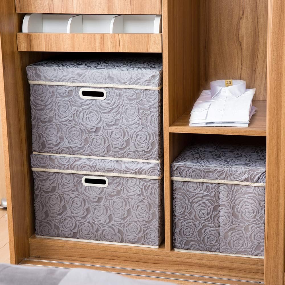 PRANDOM Larger Collapsible Storage Box with Lid [1-Pack] Fabric Decorative Storage Bin Cube Organizer Container Basket with Cover Handles for Bedroom Closet Living Room Gray 17.7x11.8x11.8 Inch