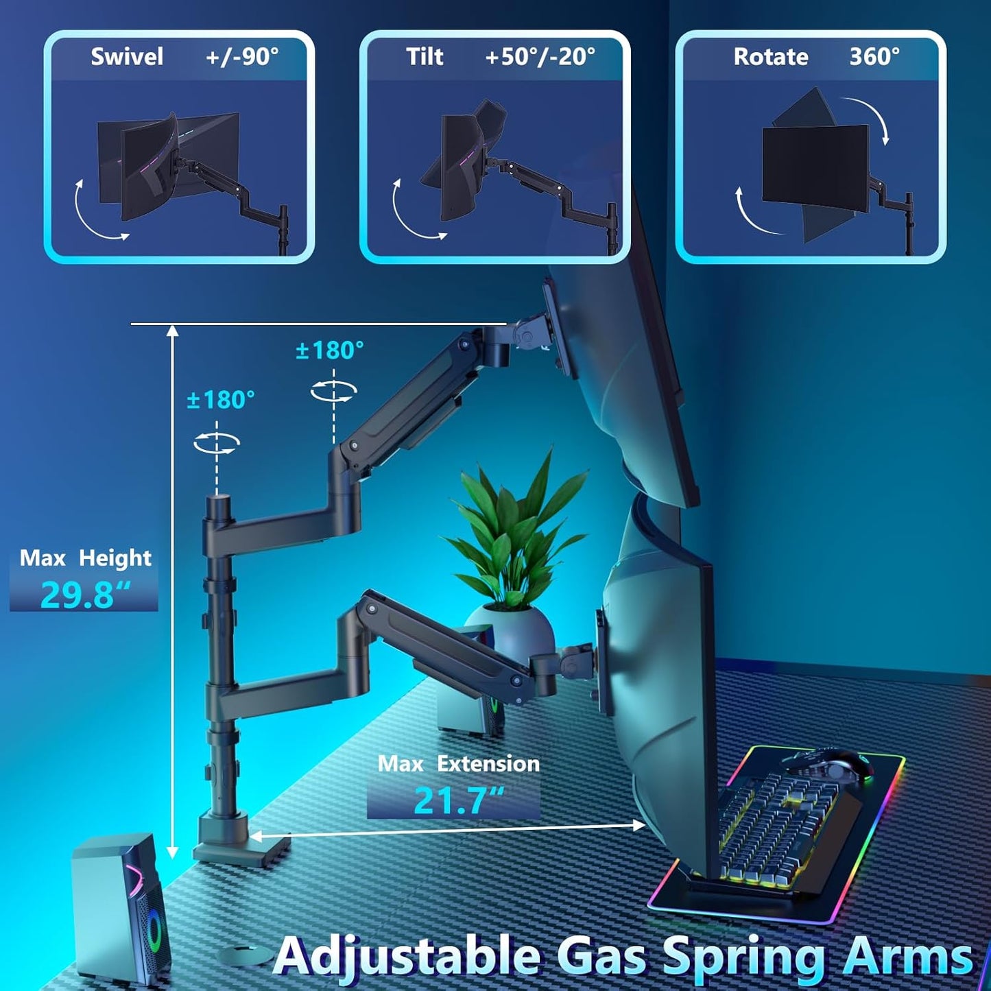 WALI Dual Monitor Mount for Ultrawide Heavy Duty Curved Monitor Stacking, Dual Monitor Arm Fits 17-49 Inch for Ultrawide Screens up to 44lbs, 49 inch Monitor Arm, Black