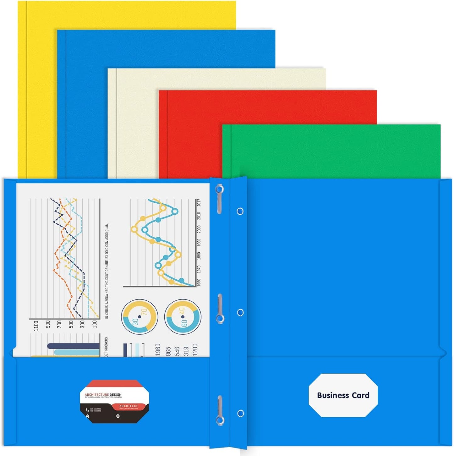 Two Pocket Folder, HERKKA 100 Pack 2 Pocket Folders with Prongs, Business Card Slots Letter Size Paper Folders Designed for Office and Classroom Use, Assorted 5 Colors