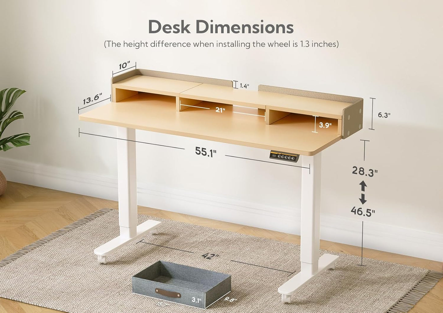 Claiks Standing Desk with Drawers, Stand Up Electric Standing Desk Adjustable Height, Sit Stand Desk with Storage Shelf and Splice Board, 55 Inch, Natural