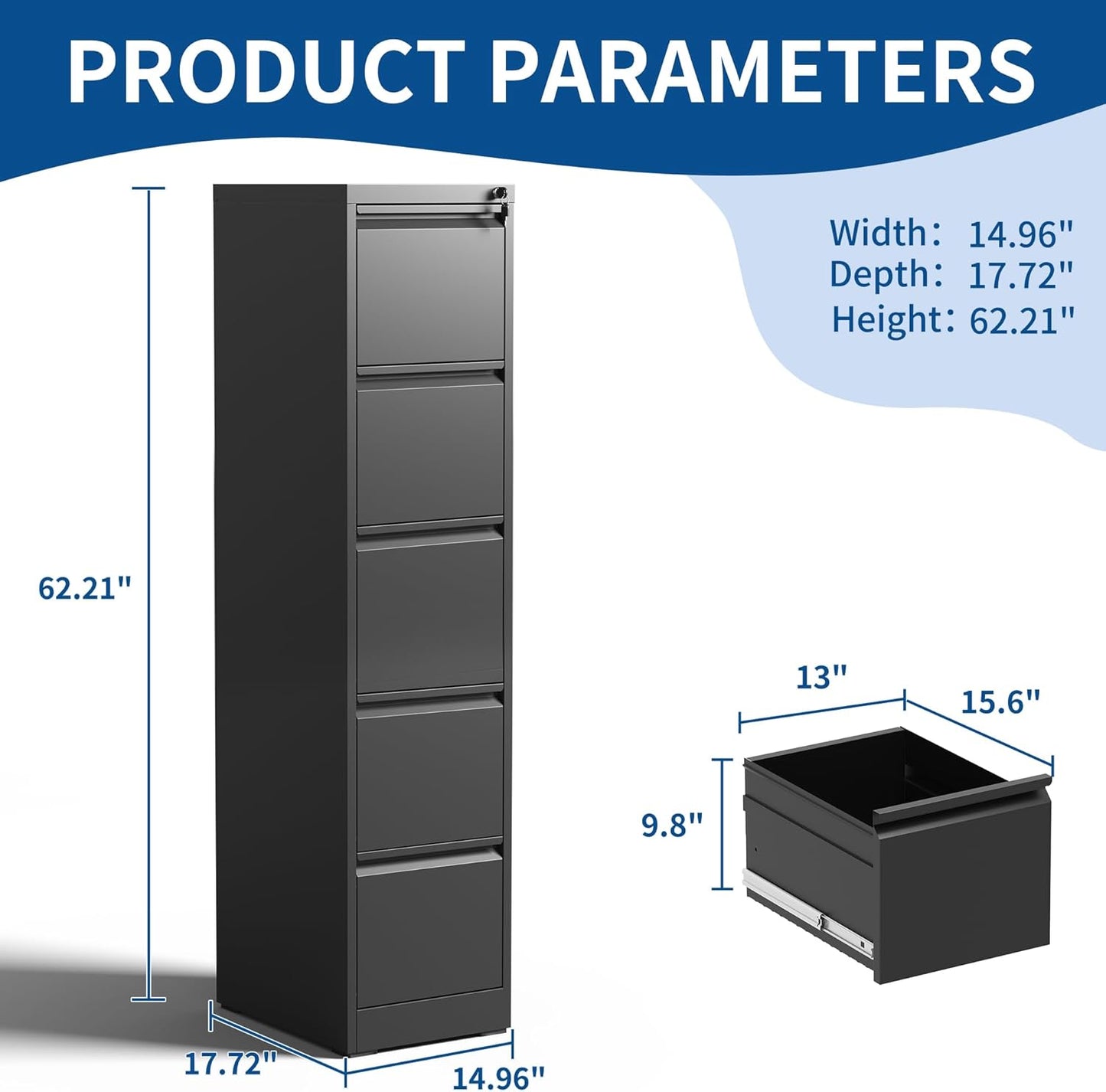 5-Drawer Locking Vertical File Cabinet, Metal Storage Cabinet for Office/Home – Secure Vertical Filing for Letter/Legal/A4/F4 Documents, Easy to Assemble Steel Cabinet (Black, 5 Drawer-64 H)