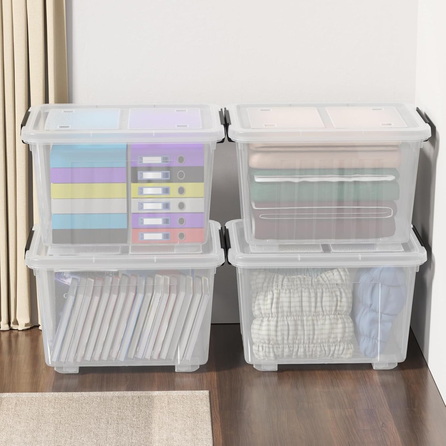 4-Pack 50 Quarts Plastic Box with Lids, Large Clear Latch Storage Tote, Stackable Bin with Wheels