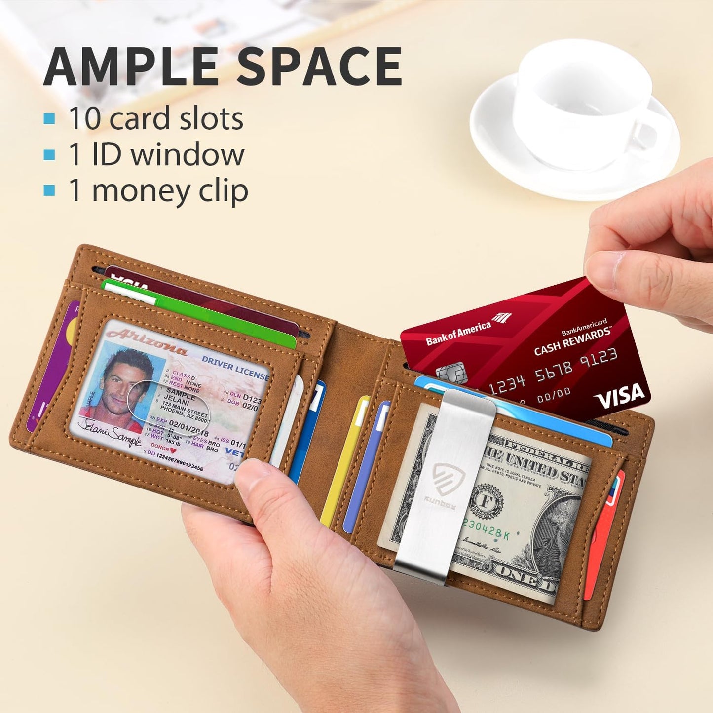 RUNBOX Mens Slim Wallet with Money Clip RFID Blocking Bifold Credit Card Holder for Men with Gift Box