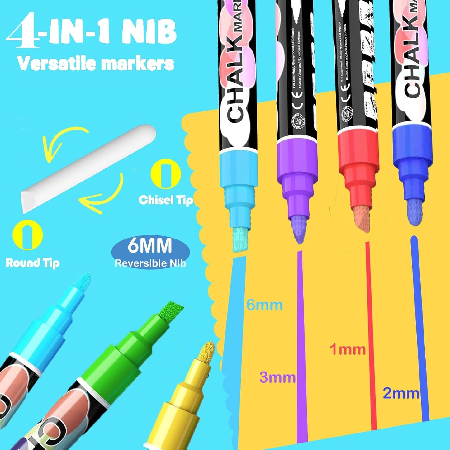 Liquid Chalk Markers for Blackboard, 24 colors Erasable Chalk Markers Pen for Windows, Glass, Chalkboard, Blackboard, Auto, Mirror, Calendar - 6mm Reversible Bullet&Chisel Tip &36pcs Chalkboard Lables