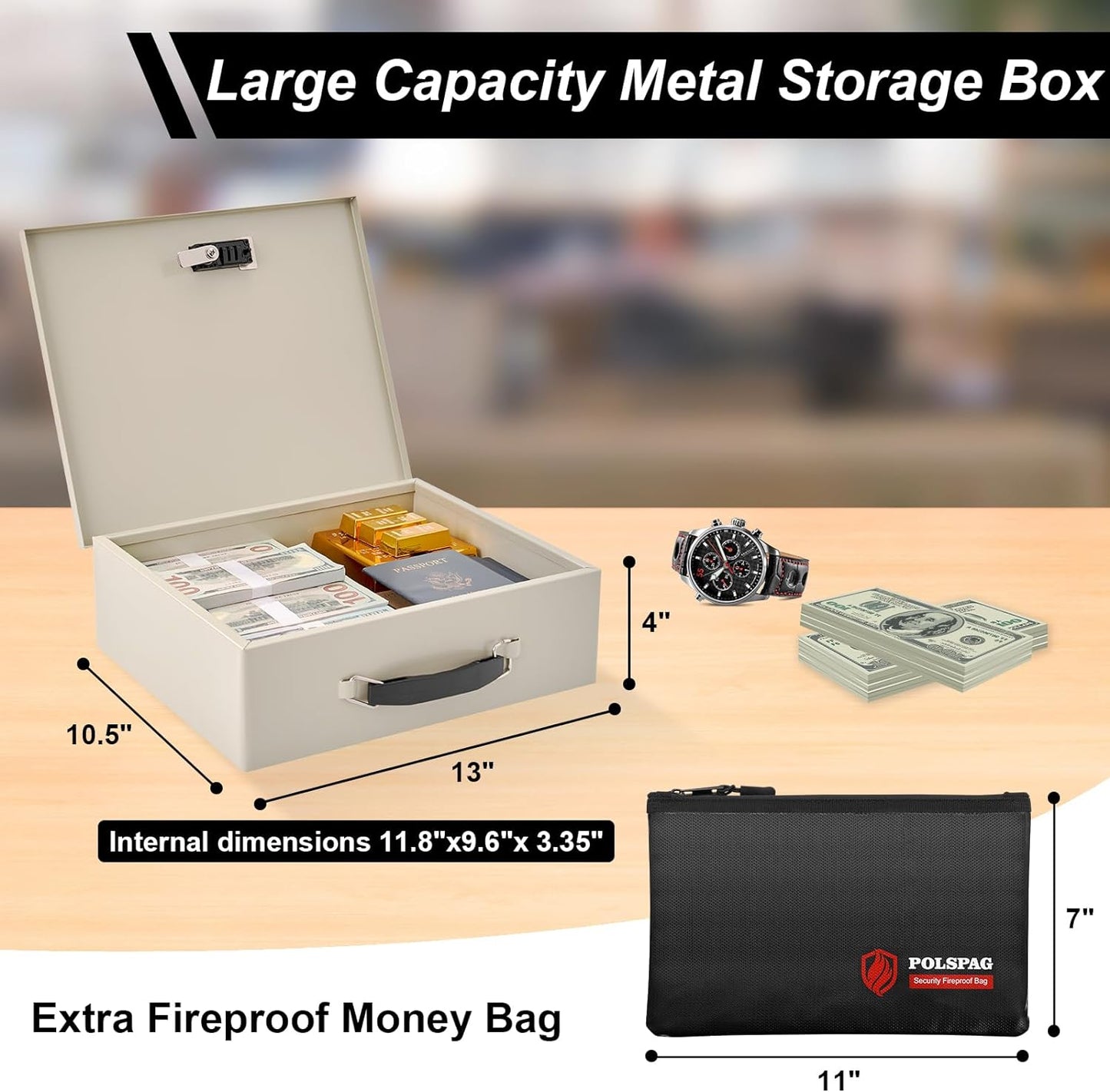 Fireproof Document Box with Key Lock & Fireproof Money Bag,Fire Safe Box for Valuables,Fire Resistance Security Chest,Fireproof Box for Documents,Passport Extra Large (White-Combination, Large)