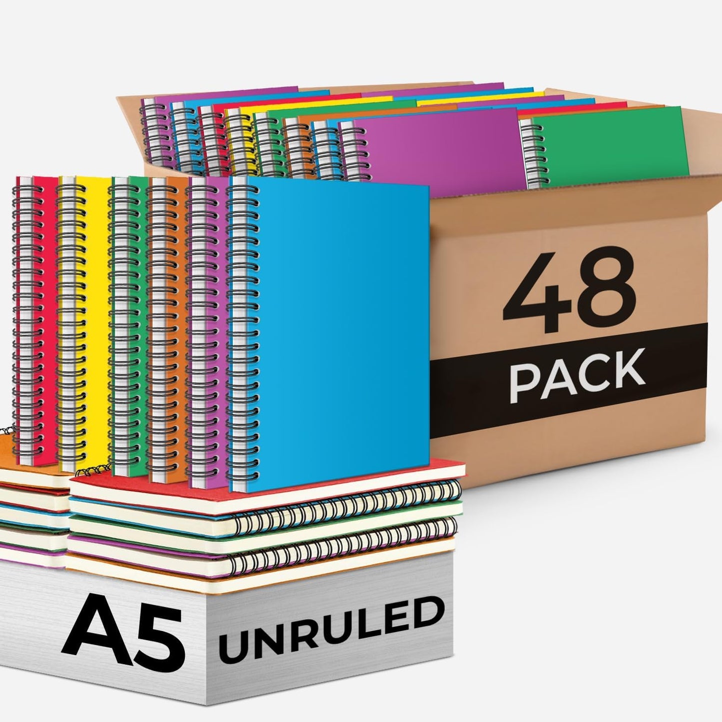 Blank Spiral Notebook, 48 Pack, 5.8 x 8.3, 120 Pages (60 Sheets), 100 GSM Unlined Drawing Notebooks, Assorted A5 Journals, No-Bleed, Sketching, Note Taking, Blank Journals for Office & School