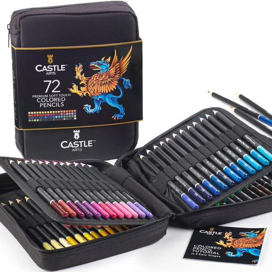 Castle Art Supplies - Set of 72 colored pencils with soft core for artists, professionals and adult colorists, sturdy zipper case for easy carrying