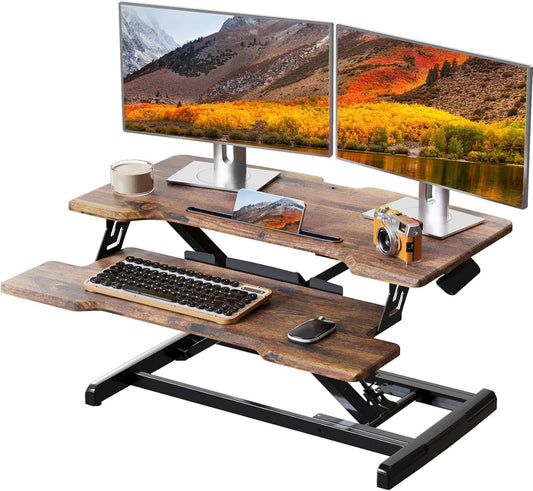 Standing Desk Converter 32 inch, Height Adjustable Sit Stand Desk Riser, Quick Sit to Stand Desktop Dual Monitor Riser Workstation for Home Office with Keyboard Tray, Rustic Brown