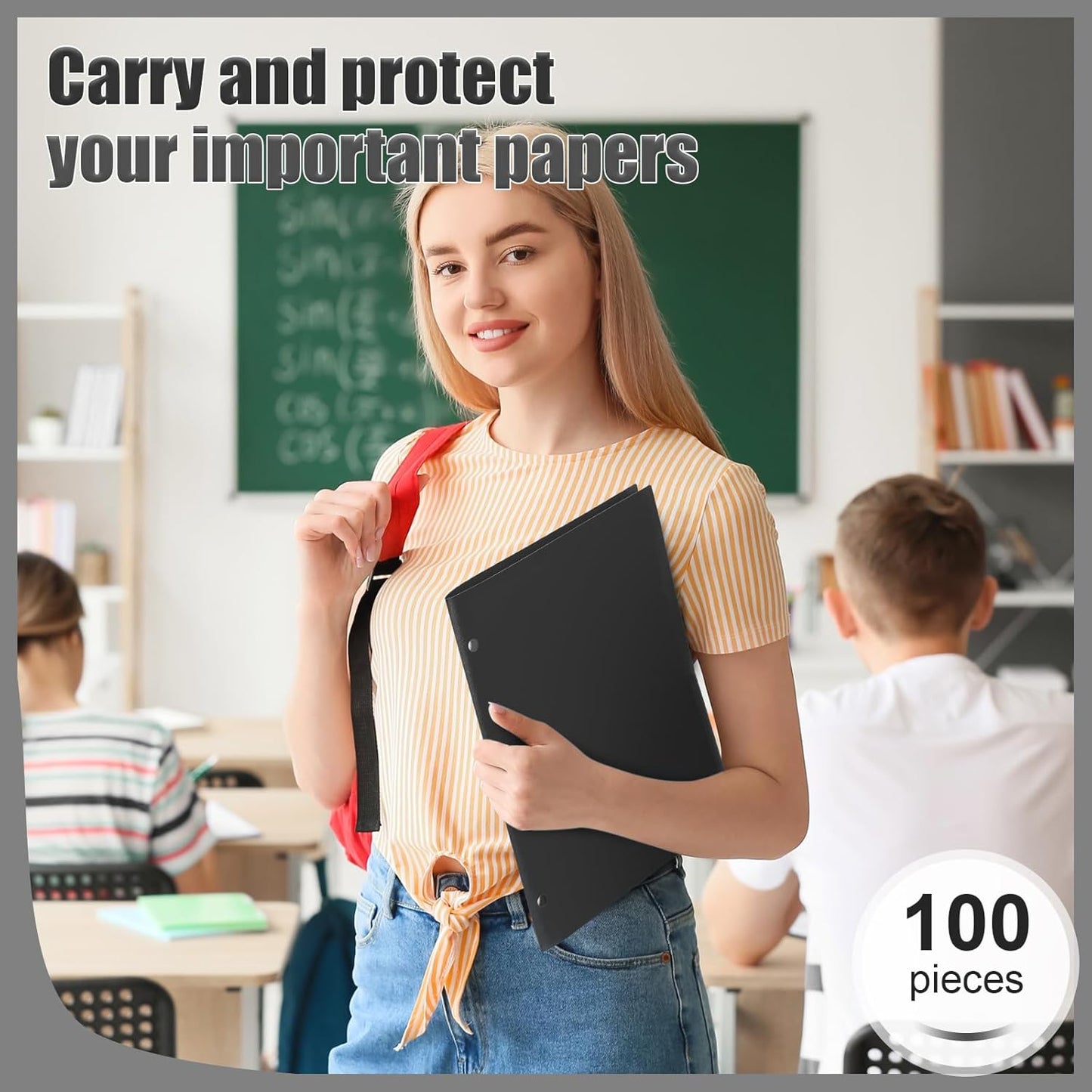 Yeaqee 100 Pcs Plastic Folders with Pockets Bulk 3 Hole Punched 2 Pocket File Folders for 3 Ring Binder Divider Folder for Notebooks, Durable Poly for Office Home (Black)