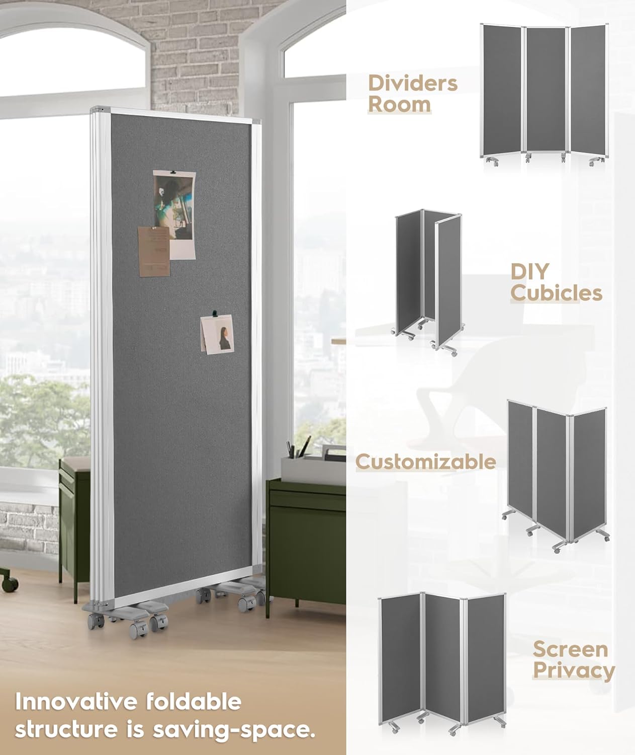 Flodable Wall Partition Sliding Office Dividers Workstation Privacy Panels Freestanding Rolling Screen,Grey Fabric,71" H x 24" W,Locking Wheel