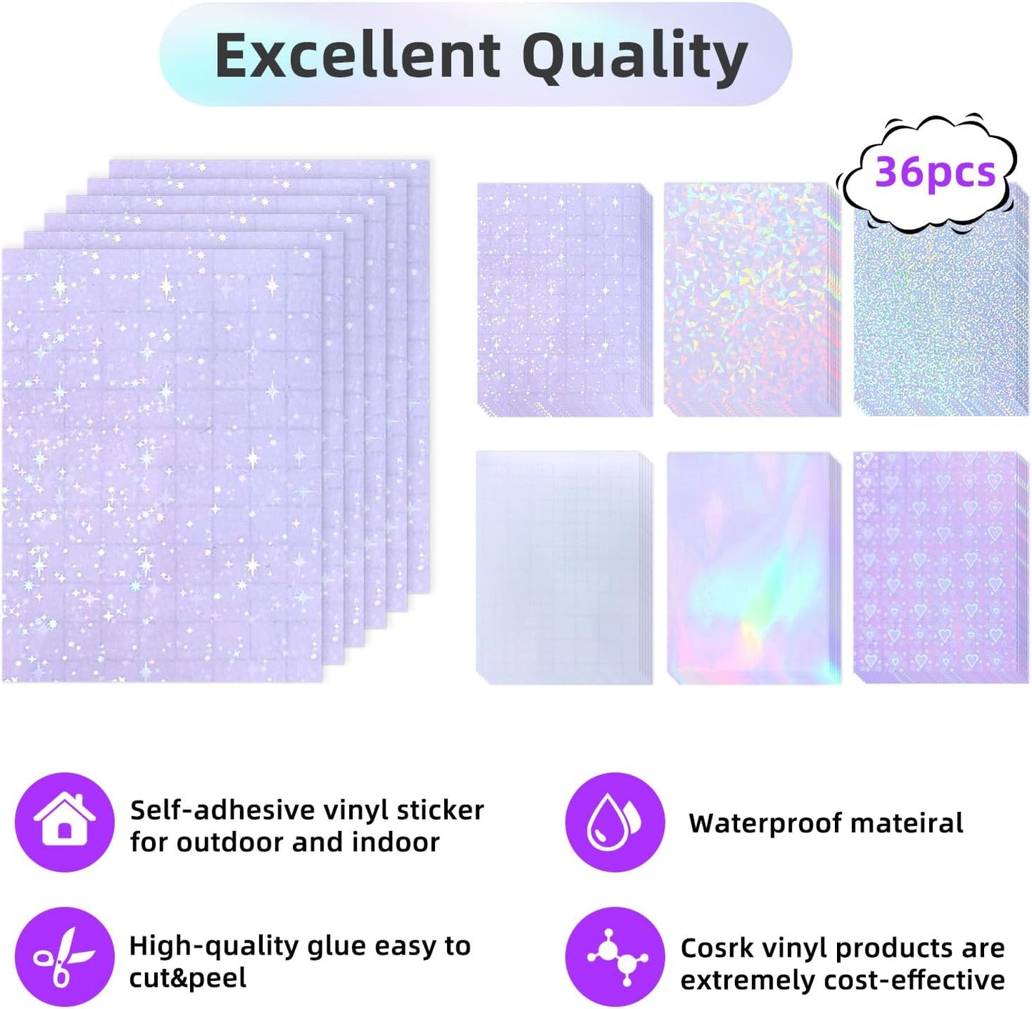 36 Sheets Holographic Laminate Sheets Transparent Holographic Sticker Paper Self Adhesive Laminating Sheets Clear Vinyl Waterproof Overlay for Sticker Pape, 8.5x11 inch 6 Patterns