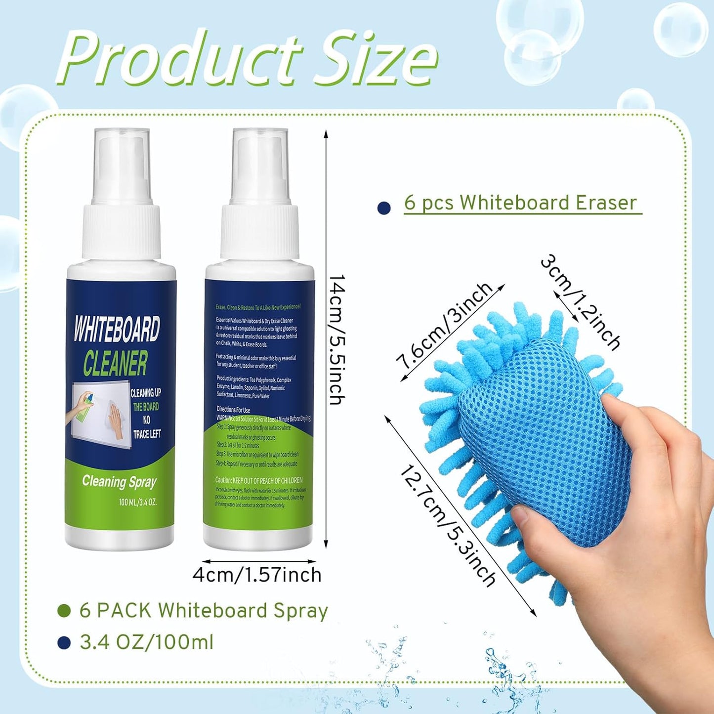 6 Pack Whiteboard Cleaner 3.4 Fl oz White Board Cleaning Spray Dry Erase Board Cleaner with Microfiber Shag Whiteboard Eraser Removes Stubborn Marks from Chalkboard(Colorful)