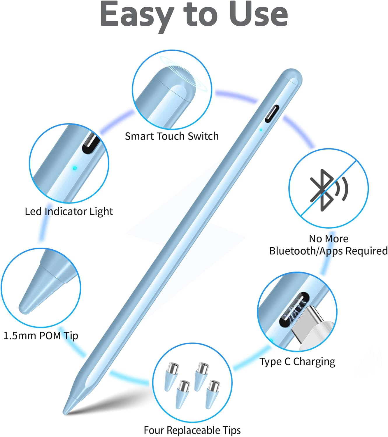 Stylus Pens for Touch Screen, DRYMOKINI Stylist Pen Compatible for Android and iOS Tablet/Phones, Rechargeable Universal Stylus Pencil Compatible for A-pple/i-Pad/Phone Tablet, Blue