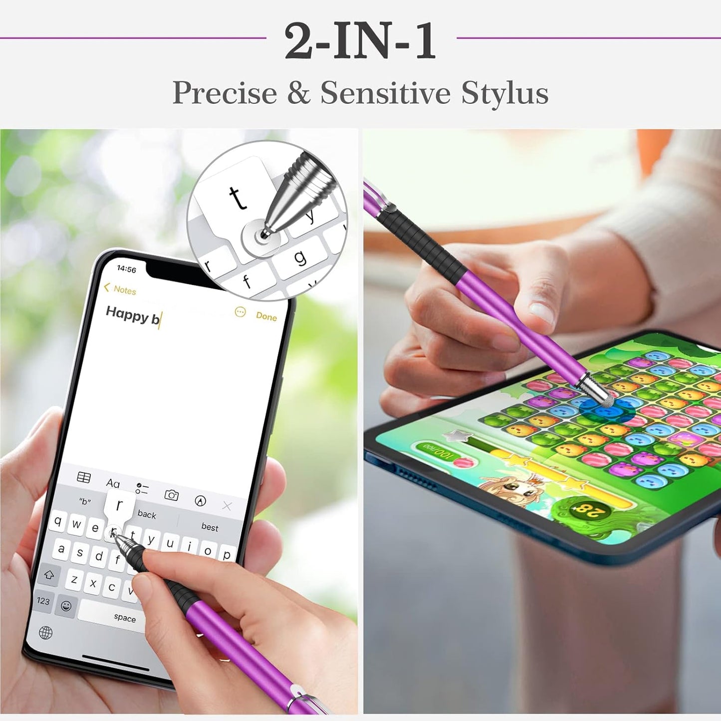 MEKO Stylus Pens for Touch Screens, 2 in 1 Universal Disc Stylus Pens for iPhone, iPad and All Capacitive Cell Phones, Tablets, Laptops Bundle with 6 Replacement Tips - (2 Pcs, Pink/Purple)