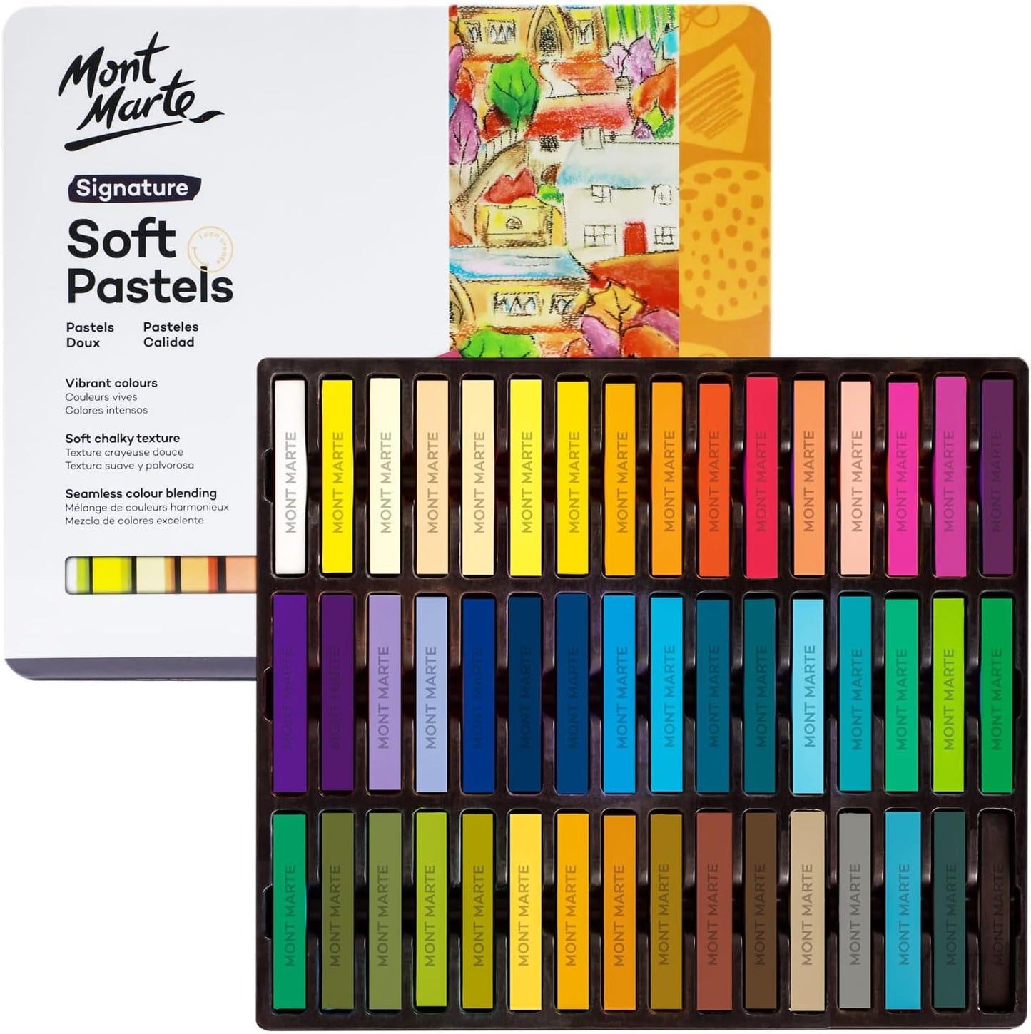 Mont Marte Soft Pastels in Tin Box Signature 48pc, 48 Assorted Colors, Vibrant Pastel Sticks, Great Blending, Comes in Storage Case, Ideal for Art, Craft, Coloring and Sketching