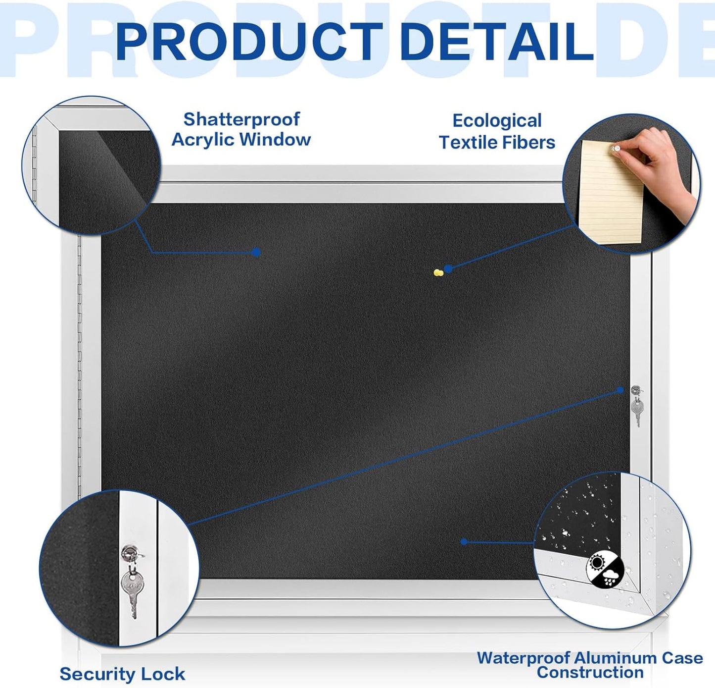 SWANCROWN Enclosed Bulletin Board Weatherproof 37x28in, Outdoor Lockable Bulletin Board Wall Display Case for Office School Commerce, Black Felt, Sliver Aluminum Frame (8xA4)