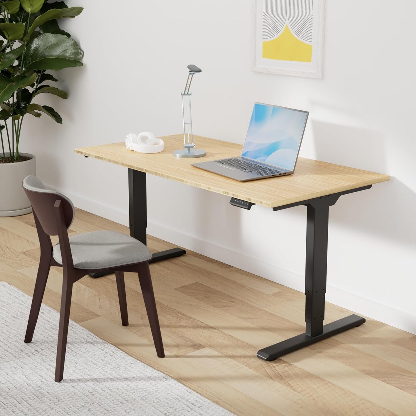 SANODESK 55 Inch 3 Stage Bamboo Electric Standing Desk, Dual Motor Height Adjustable Desk, Whole-Piece Desktop Sit to Stand Home Office Desk (Black Frame/ 55” x 28” Natural Bamboo Top)