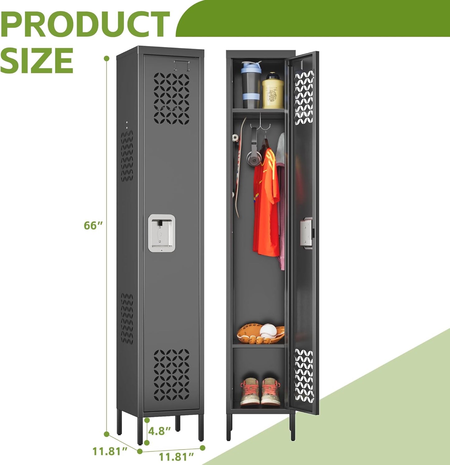 1 Door Metal Locker with Adjustable Shelves and 3 Hooks,Metal Lockers for Employees for Gym,School,Office,Home,Garage,Assembly Required,Black