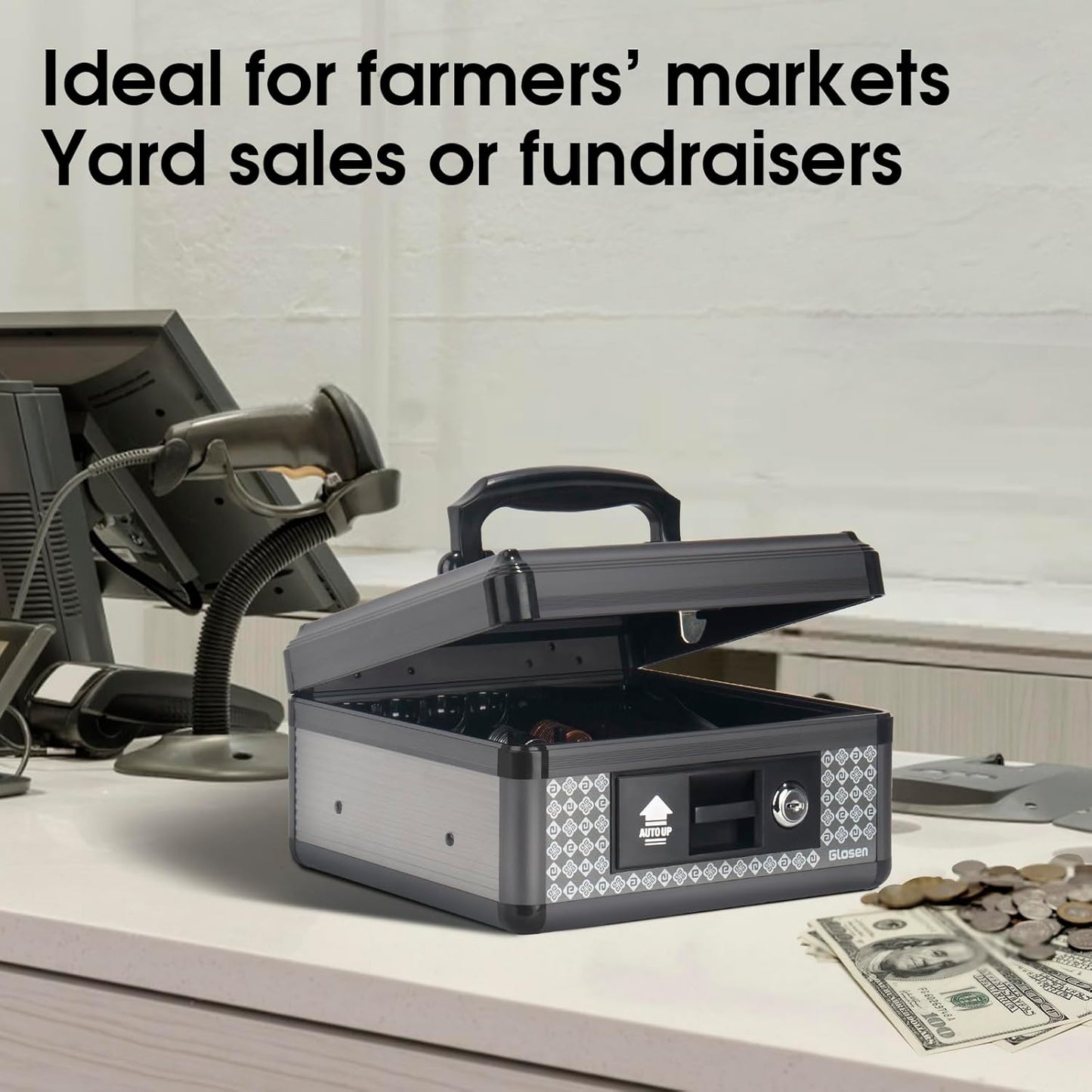 Cash Box with Lock, Money Box with Lock & Removable Coin Tray 11.4 * 5.3 * 13.5 inch (Black, Extra Large)