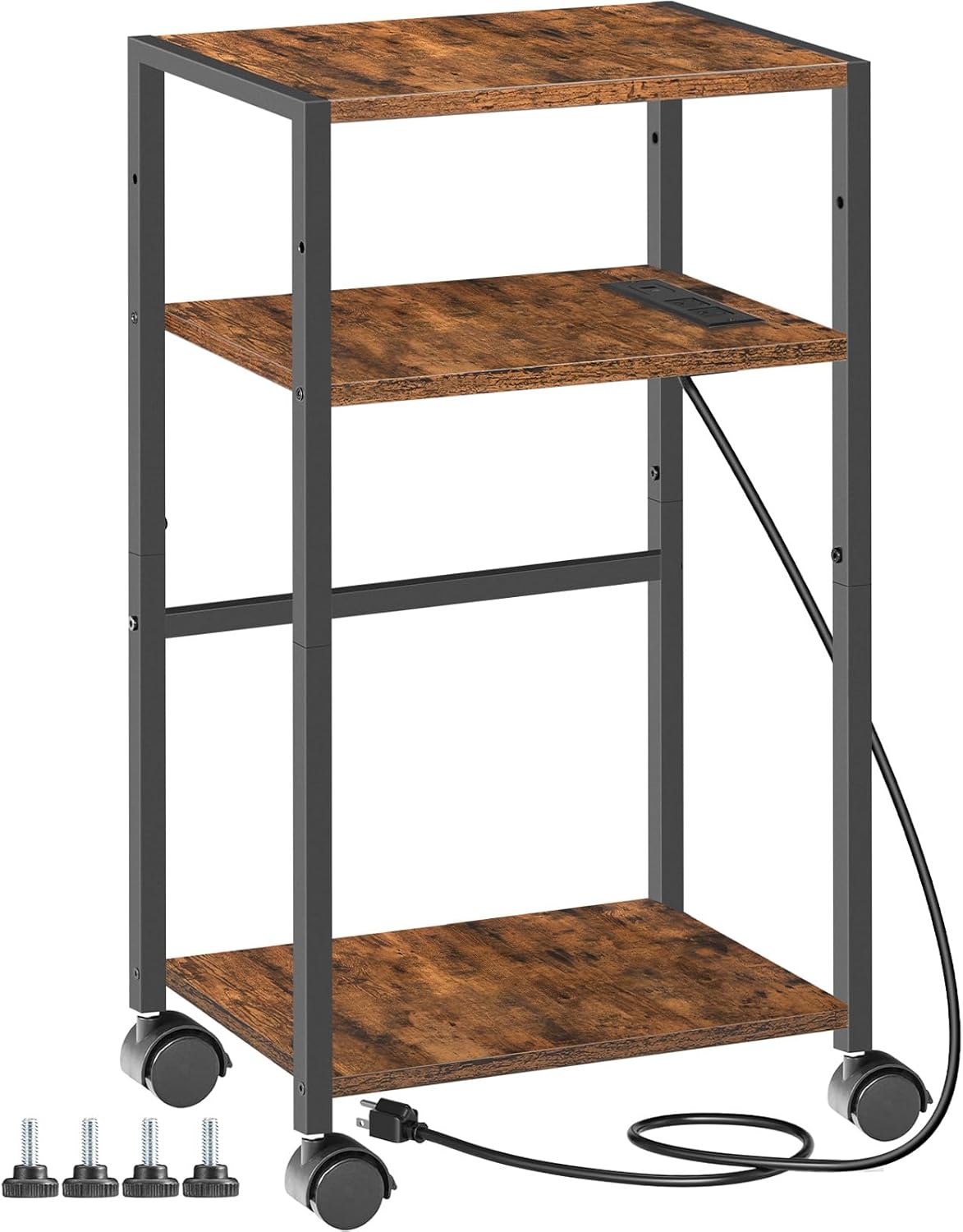 HOOBRO Computer Tower Stand, 3-Tier PC Tower Stand, PC Stand with Charging Station, Mobile CPU Stand Fits Most PC, Adjustable Shelf, for PC Tower, Printer, Home Office, Rustic Brown BF12UCJ01