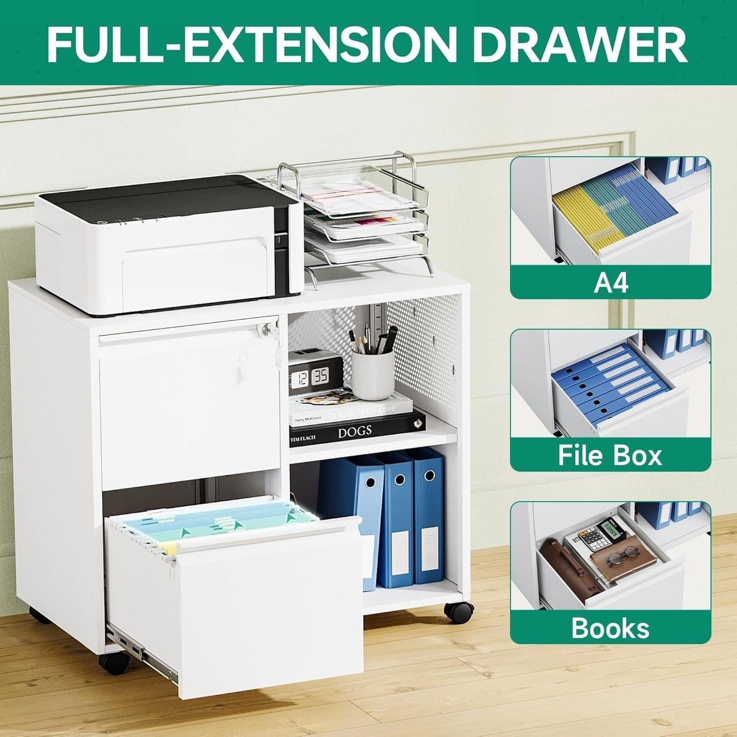 Letaya Mobile File Cabinet, Metal Lateral Rolling Printer Stand Filing Cabinets with Shelves for Home Office-Storage A4/F4/Letter (White)