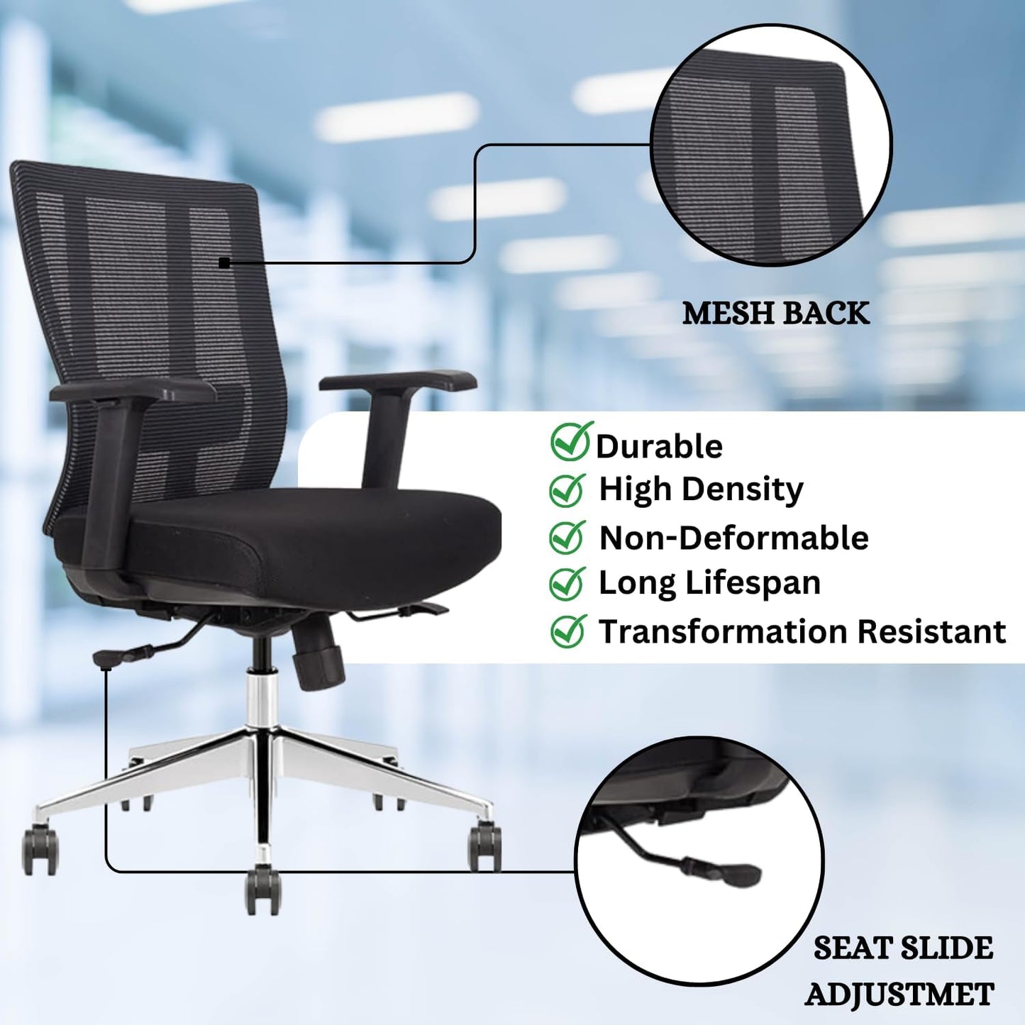 Ergonomic Conference Room Chair Mesh Back with Seat Slide - Adjustable Lumbar Support Computer Desk Chair with Height Adjustable Arms - 5-Star Polished Aluminum Base (Pack of 6)