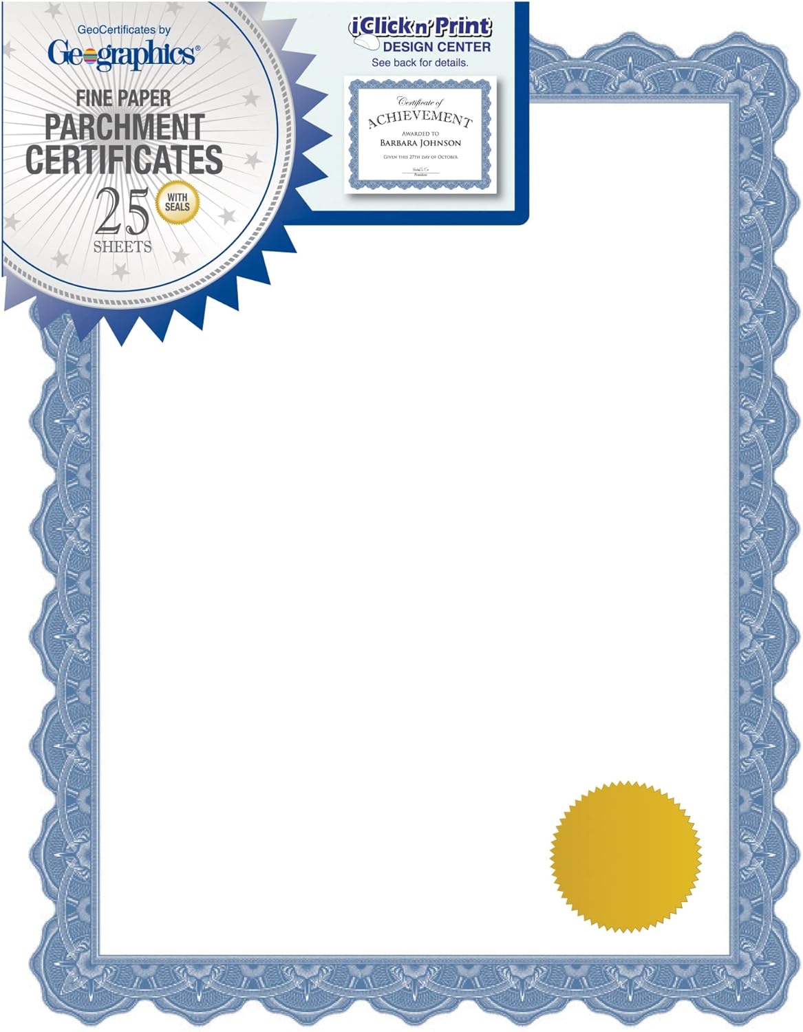 Optima Blue Blank Award Certificate Paper with Gold Foil Seals, 8.5 x 11", Seal 1.75" (Pack of 25)