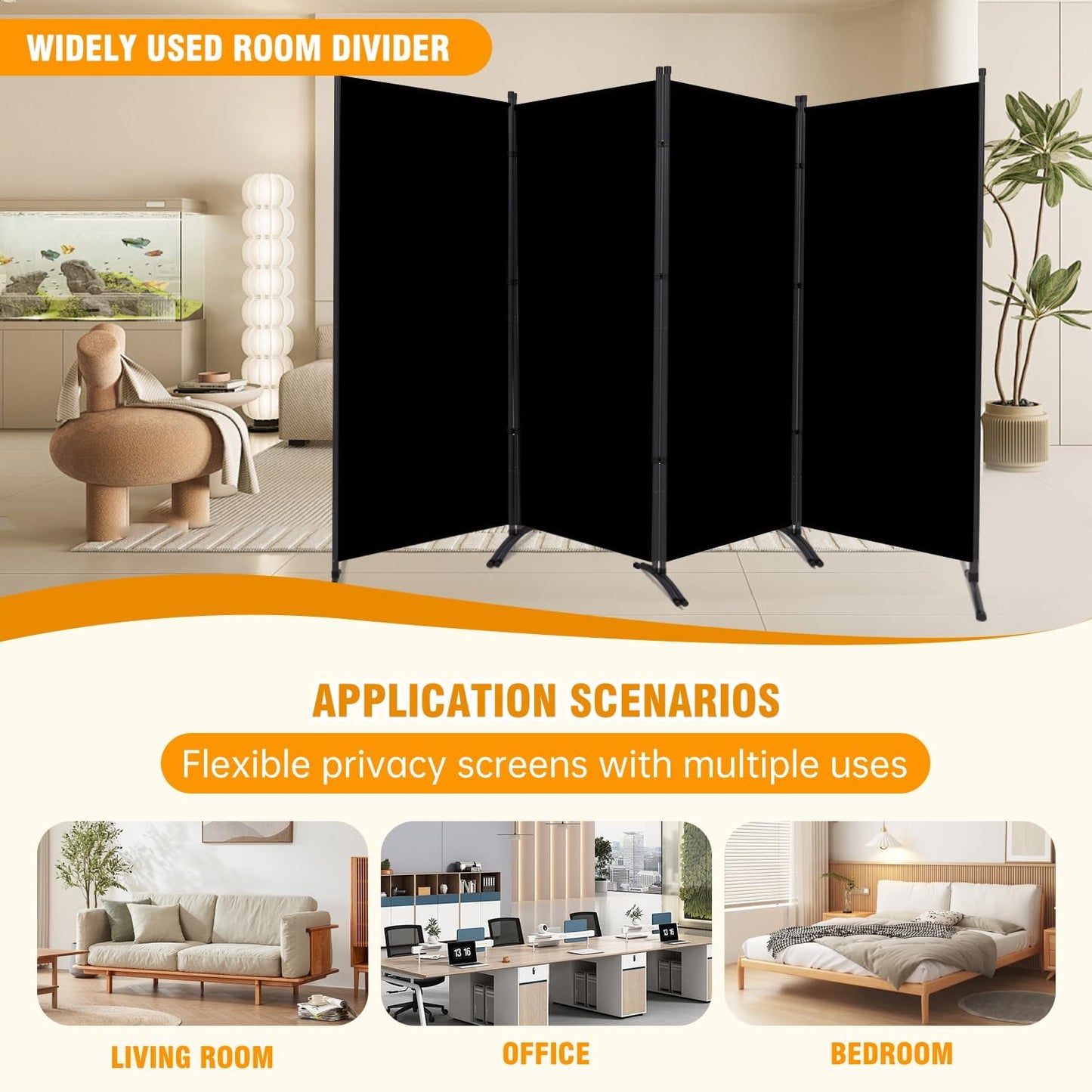 4 Panel Folding Privacy Screens, 6 FT Tall Wall Divider with Metal Frame, Freestanding Room Divider for Office Bedroom Study (4 Panel, Black)