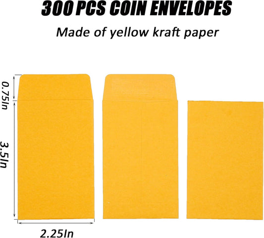 #1 300 Pcs Small Coin Envelopes 2.25" x 3.5" with Gummed Flap, Yellow Kraft Mini Envelopes for Storing Keys, Stamps, Seeds, Tips and Small Items (300)
