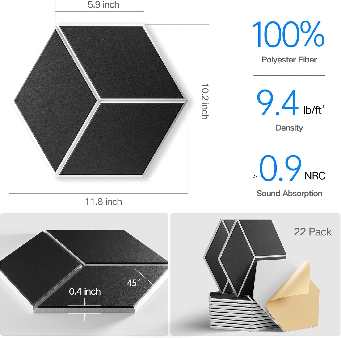 22-Pack Self-Adhesive Acoustic Panels, 12" x 10" x 0.4" – High-Density, Flame-Resistant Soundproof Foam. Absorbs Noise and Eliminates Echoes. Enhance Your Space with Hexagonal 3D Design(BlackFace)